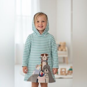 Striped Blue Kids Casual Dress with Animal Print